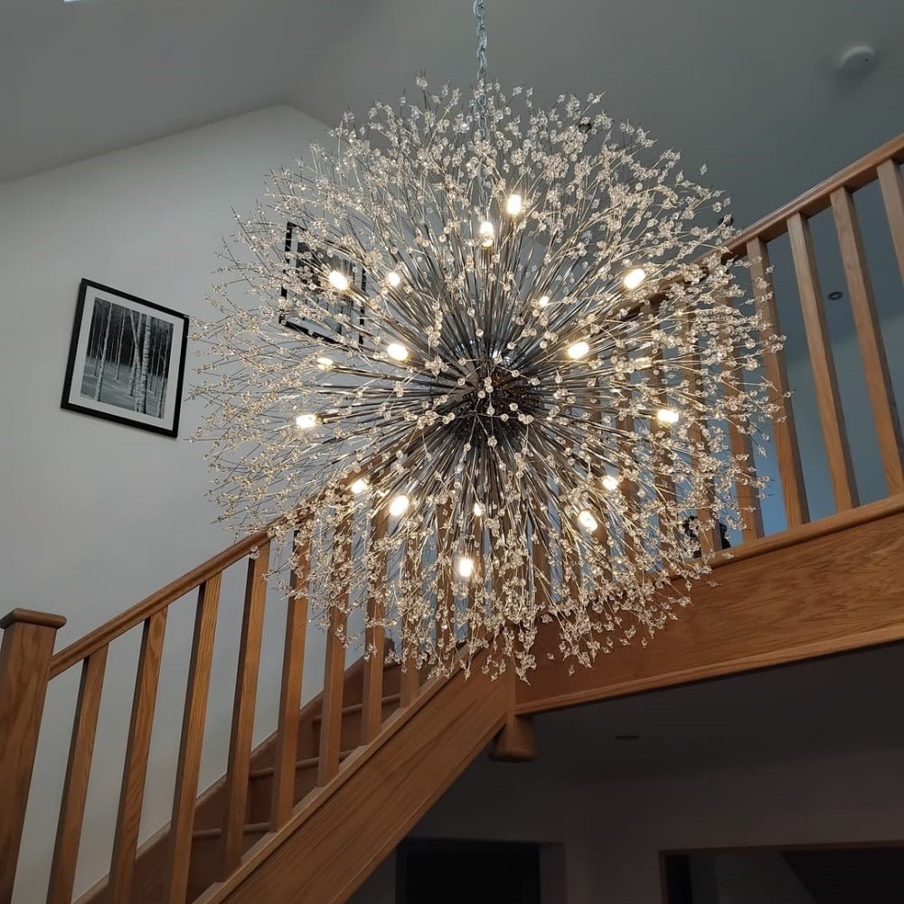 Grote sputnik kroonluchter met vuurwerk design en kristal effect in messing of chroom – luxe hanglamp 100 cm