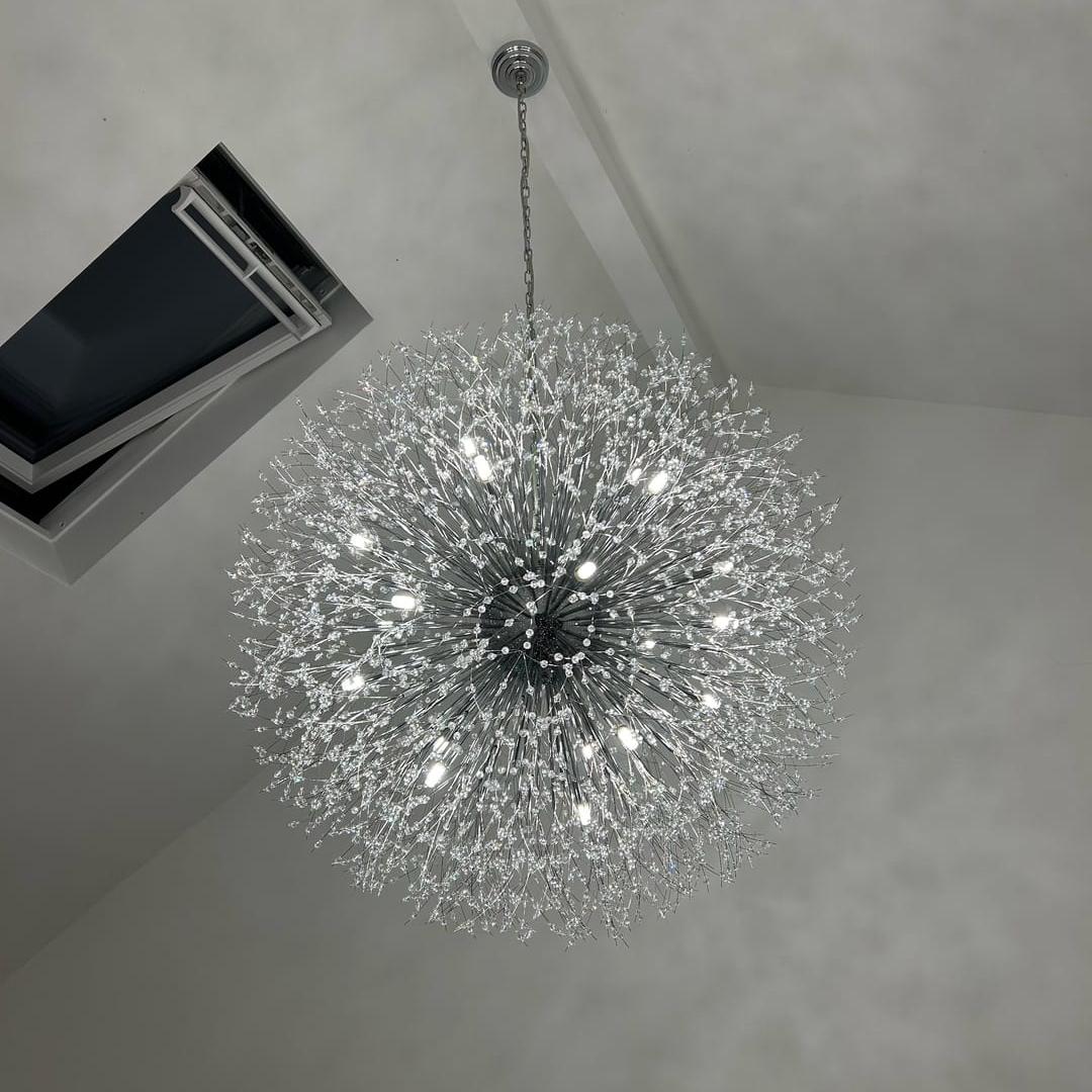 Grote sputnik kroonluchter met vuurwerk design en kristal effect in messing of chroom – luxe hanglamp 100 cm