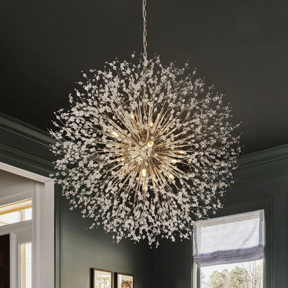 Grote sputnik kroonluchter met vuurwerk design en kristal effect in messing of chroom – luxe hanglamp 100 cm