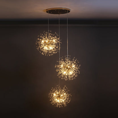 Kroonluchter Vuurwerk Paardenbloem Messing 3 of 5 Bollen 24-40 Lichts Hal Woonkamer Dimbaar