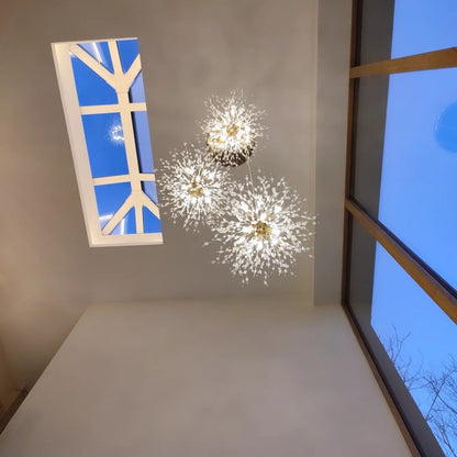 Kroonluchter Vuurwerk Paardenbloem Messing 3 of 5 Bollen 24-40 Lichts Hal Woonkamer Dimbaar