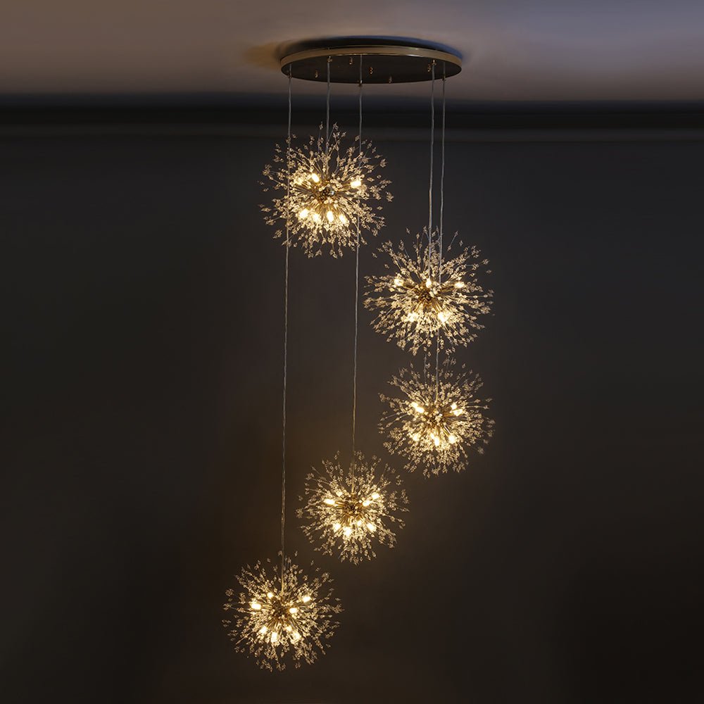 Kroonluchter Vuurwerk Paardenbloem Messing 3 of 5 Bollen 24-40 Lichts Hal Woonkamer Dimbaar