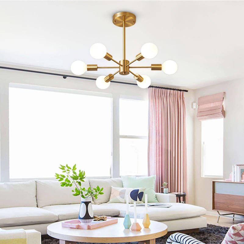 Moderne sputnik kroonluchter met 6 armen in messing – minimalistische design hanglamp zonder glazen kap