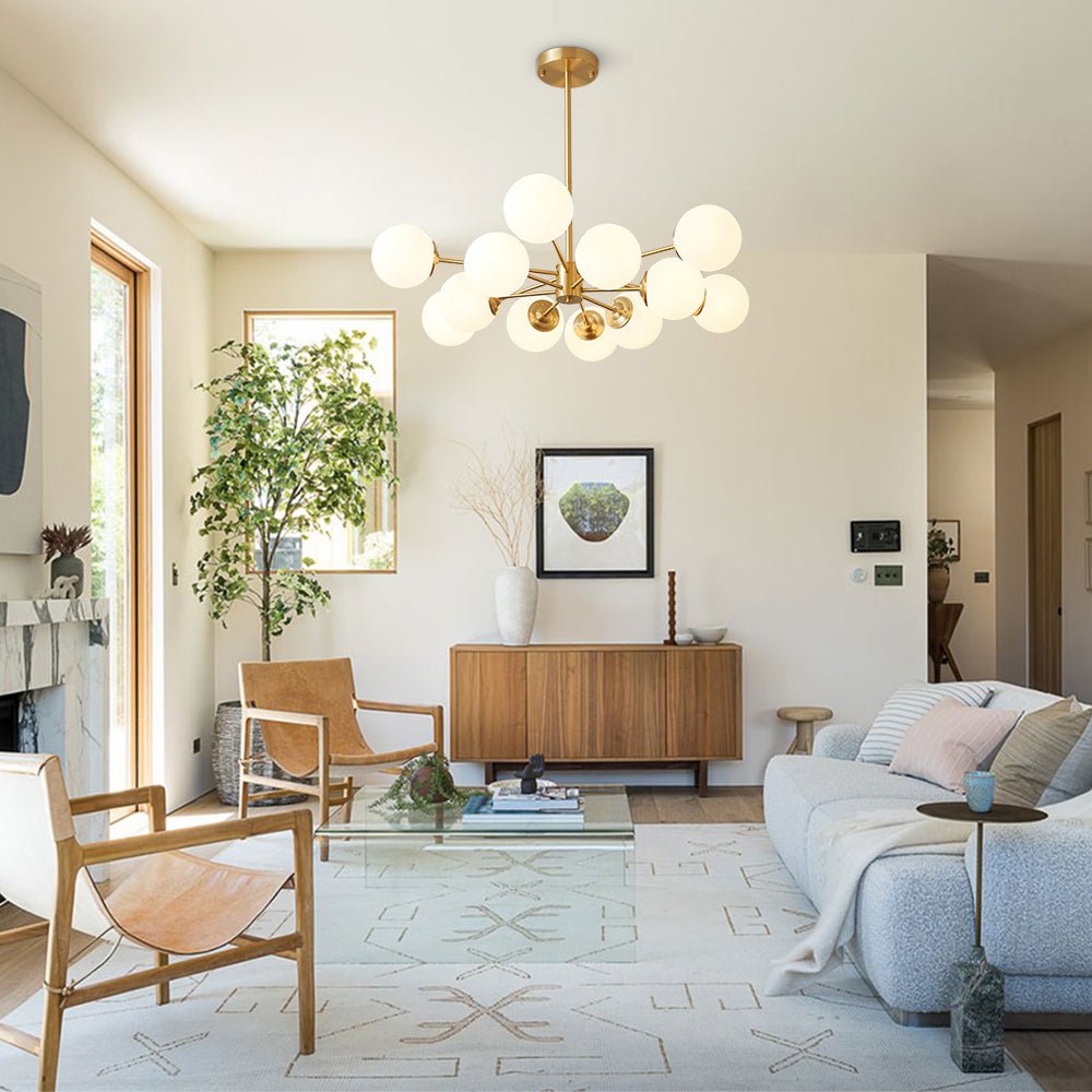 Moderne sputnik kroonluchter met opaal glazen bollen in goud of zwart – dimbare design hanglamp 6 8 of 12 lichtpunten
