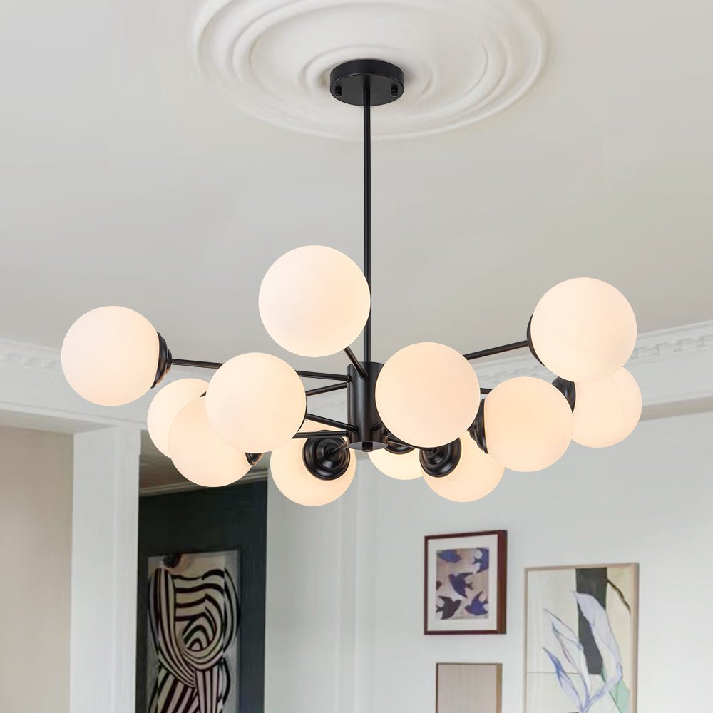 Moderne sputnik kroonluchter met opaal glazen bollen in goud of zwart – dimbare design hanglamp 6 8 of 12 lichtpunten
