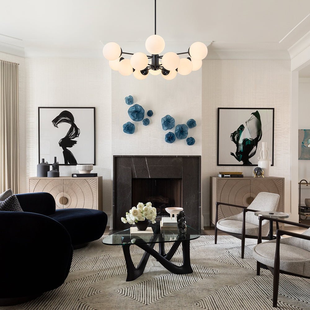 Moderne sputnik kroonluchter met opaal glazen bollen in goud of zwart – dimbare design hanglamp 6 8 of 12 lichtpunten