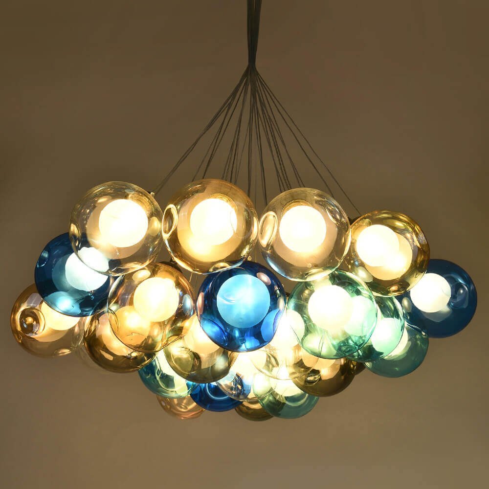 Moderne cluster hanglamp met multicolor glazen bollen – design kroonluchter met 12 19 25 of 50 lichtpunten