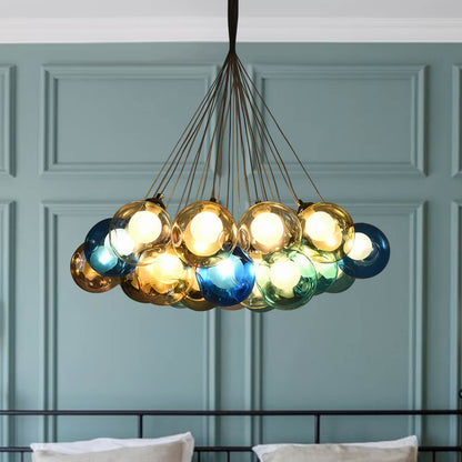 Moderne cluster hanglamp met multicolor glazen bollen – design kroonluchter met 12 19 25 of 50 lichtpunten