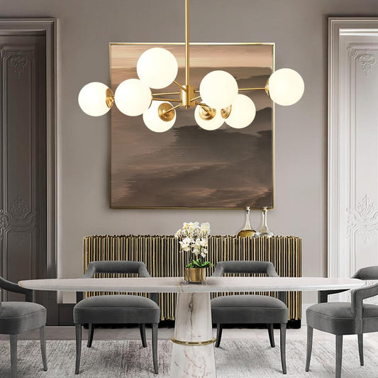Moderne sputnik kroonluchter met opaal glazen bollen in goud of zwart – dimbare design hanglamp 6 8 of 12 lichtpunten
