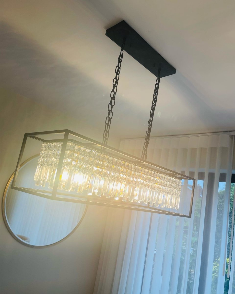 Luxe Rechthoekige Kristallen Hanglamp Zwart voor Keukeneiland en Eettafel met 5 Lichtpunten