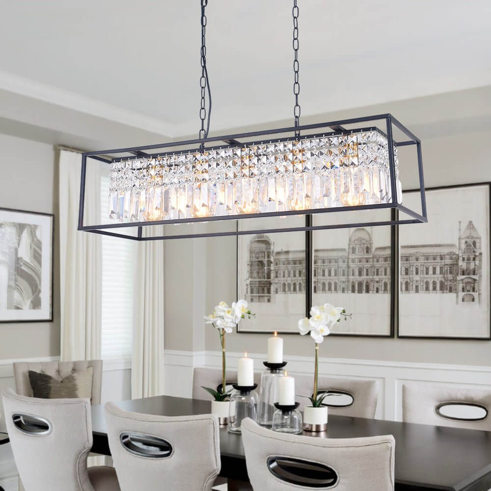 Luxe Rechthoekige Kristallen Hanglamp Zwart voor Keukeneiland en Eettafel met 5 Lichtpunten