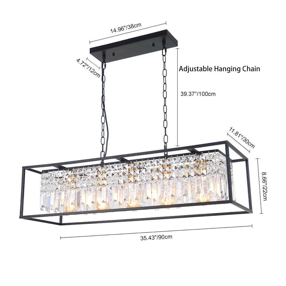 Luxe Rechthoekige Kristallen Hanglamp Zwart voor Keukeneiland en Eettafel met 5 Lichtpunten