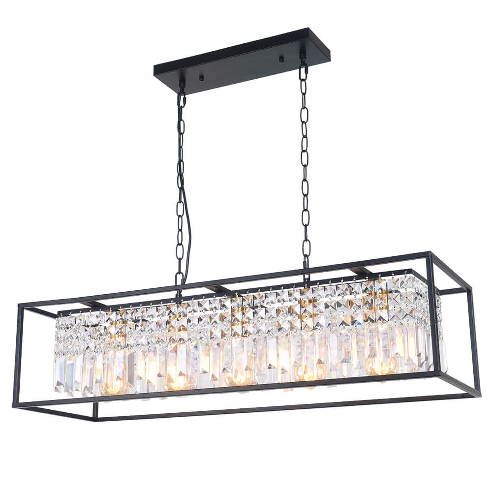 Luxe Rechthoekige Kristallen Hanglamp Zwart voor Keukeneiland en Eettafel met 5 Lichtpunten