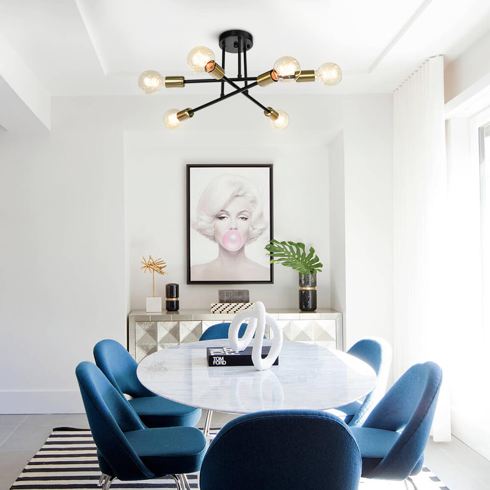 Messing sputnik plafondlamp met 6 lichtpunten – semi flush design voor lage plafonds 60 cm