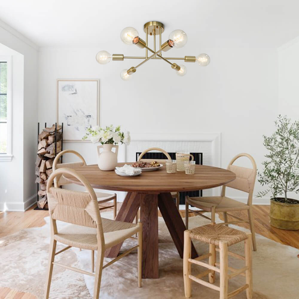 Messing sputnik plafondlamp met 6 lichtpunten – semi flush design voor lage plafonds 60 cm