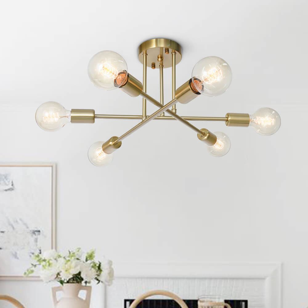 Messing sputnik plafondlamp met 6 lichtpunten – semi flush design voor lage plafonds 60 cm