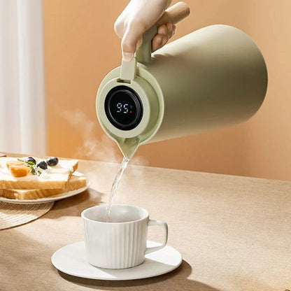 Thermoskan Met Temperatuur Display 1 Liter Houten Handvat Lekvrij