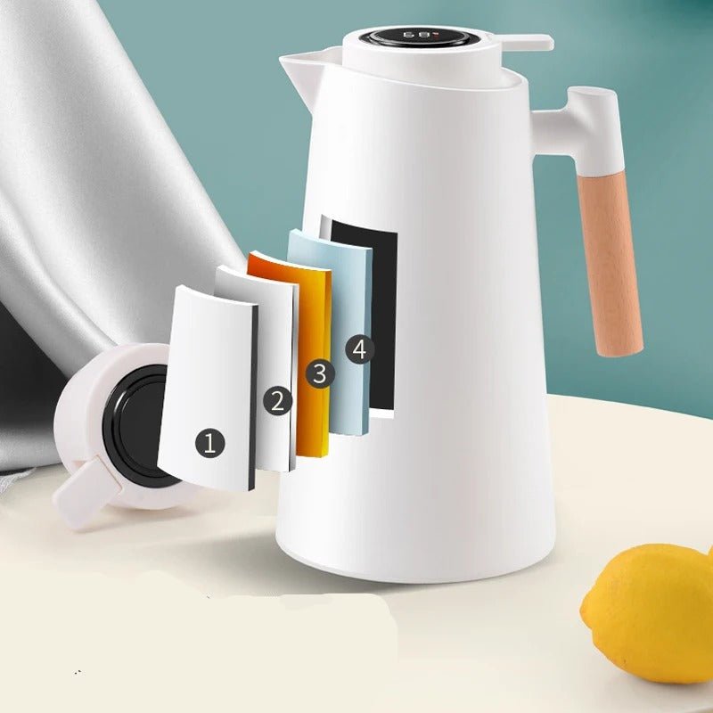 Thermoskan Met Temperatuur Display 1 Liter Houten Handvat Lekvrij