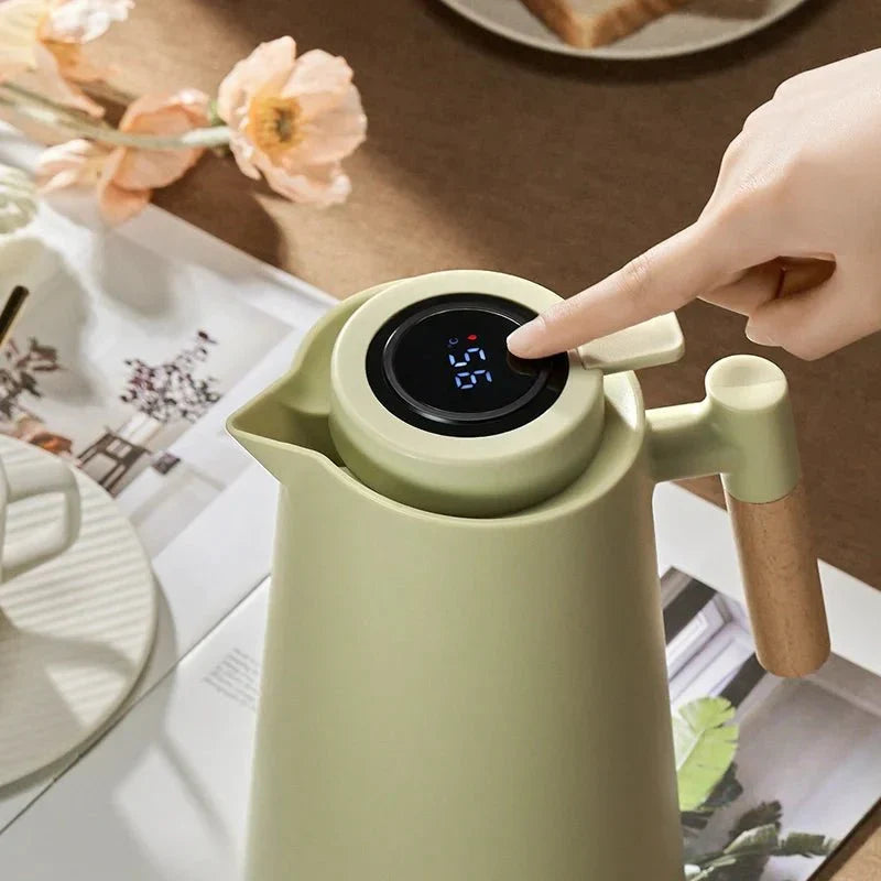 Thermoskan Met Temperatuur Display 1 Liter Houten Handvat Lekvrij