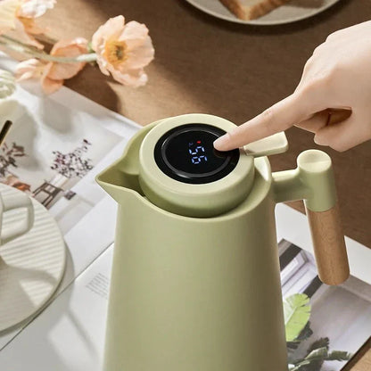 Thermoskan Met Temperatuur Display 1 Liter Houten Handvat Lekvrij