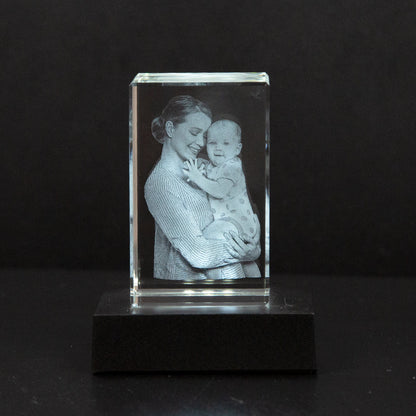 Gepersonaliseerd 2D/3D Kristal Gedenkkristal met Eigen Foto – Verlicht Herinneringsblok met Houten Voet