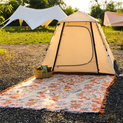 Katoenen Plaid met Boho Bloemenmotief – Oranje en Blauw op Crèmekleurige Ondergrond met Franjes – Decoratieve Sprei voor Bank en Bed