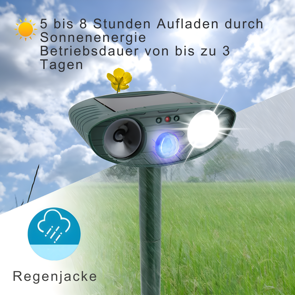 Solar Dierenverjager met Ultrasoon Geluid 4-Delige Set – PIR 9,14m Bereik – 18–40 kHz Frequentie – 110° Detectiehoek voor Tuin en Wildlife Bescherming