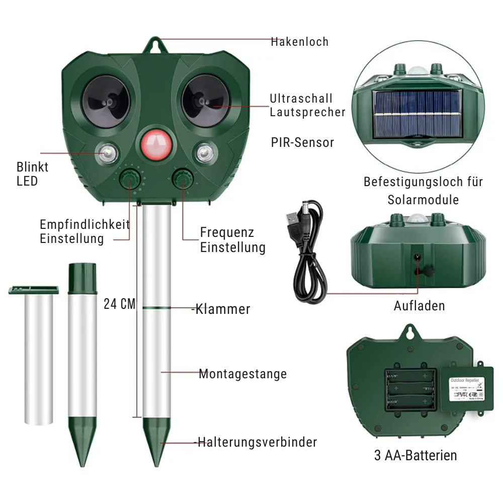 Ultrasone Dierenverjager op Zonne-Energie – 13,5–45,5 kHz – Bescherming Tuin – 5 Modi – Bereik tot 9 meter