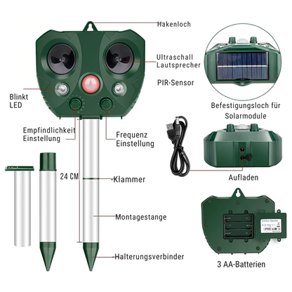 Ultrasone Dierenverjager op Zonne-Energie – 13,5–45,5 kHz – Bescherming Tuin – 5 Modi – Bereik tot 9 meter