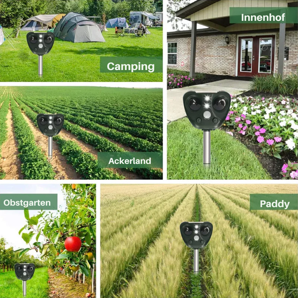 Ultrasone Dierenverjager op Zonne-Energie – 13,5–45,5 kHz – Bescherming Tuin – 5 Modi – Bereik tot 9 meter