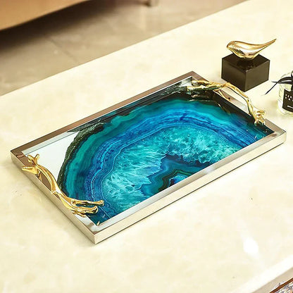 Decoratief Dienblad met Blauwe Agaatpatroon – Elegant Serveerblad met Glazen Inleg en Edelstalen Rand – Uniek Natuursteen Design voor Tafel en Interieur