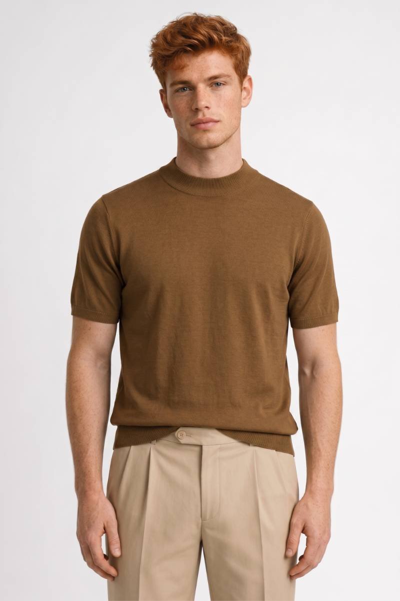 Trui Heren - Korte Mouwen Mock Neck | Klassiek — Camel
