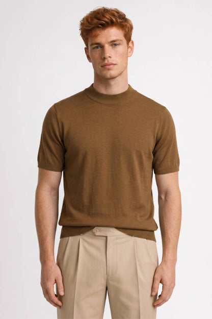 Trui Heren - Korte Mouwen Mock Neck | Klassiek — Camel