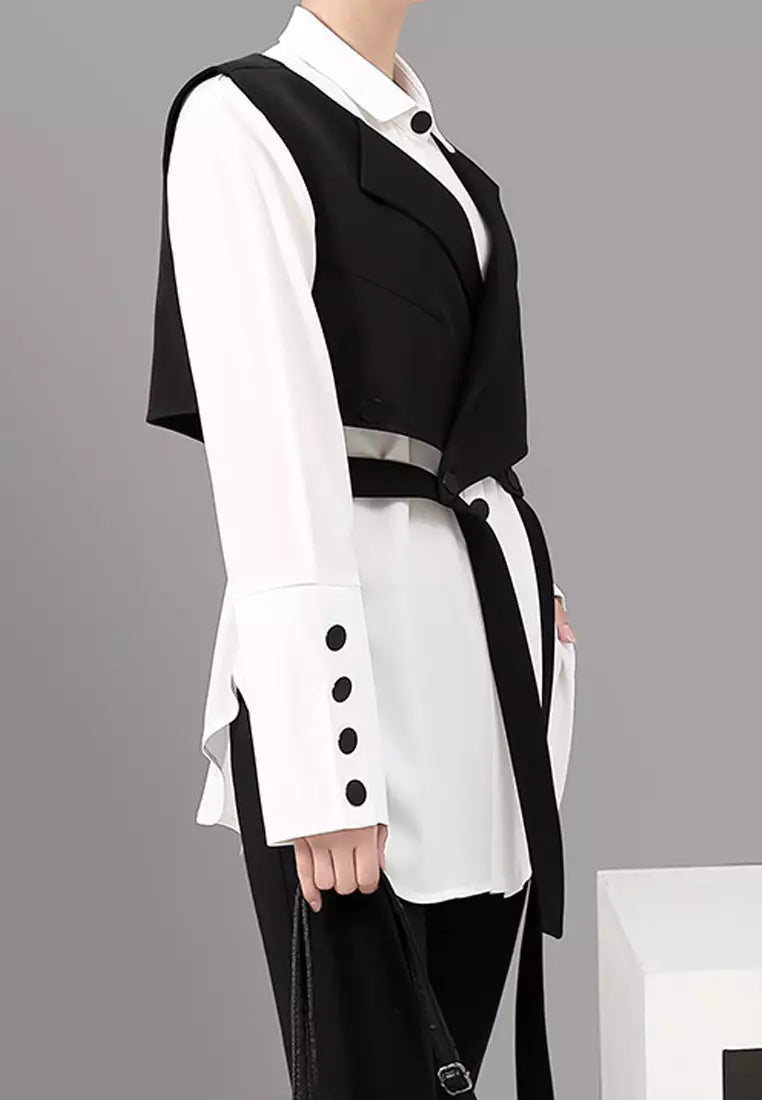 Vrouwelijke Vest en Blouse Set Zwart Lange Mouw