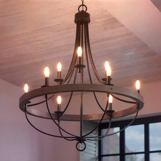 Kroonluchter Industrieel Rond Houtlook Staal Charcoal 90cm 9 Lichts