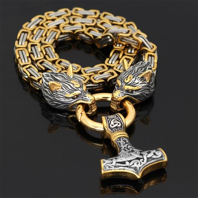 Roestvrij Stalen Schakelketting met Dubbele Wolfskop & Hamer Ornament 60-90cm Verstelbaar Unisex Sieraad