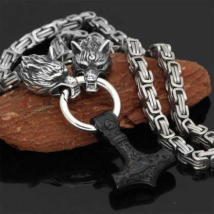 Roestvrij Stalen Schakelketting met Dubbele Wolfskop & Hamer Ornament 60-90cm Verstelbaar Unisex Sieraad