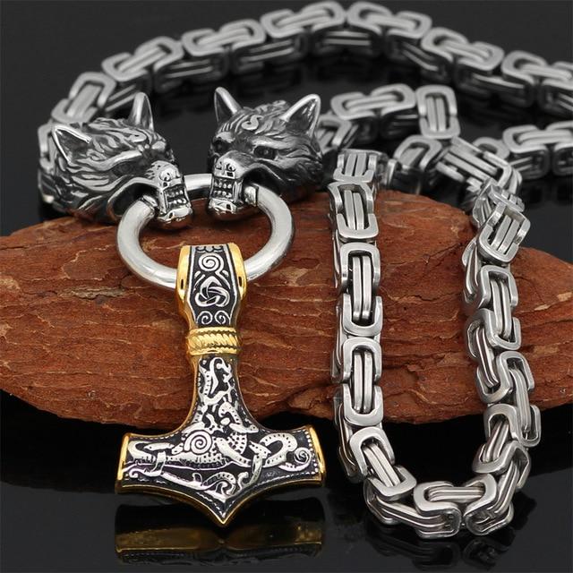 Roestvrij Stalen Schakelketting met Dubbele Wolfskop & Hamer Ornament 60-90cm Verstelbaar Unisex Sieraad