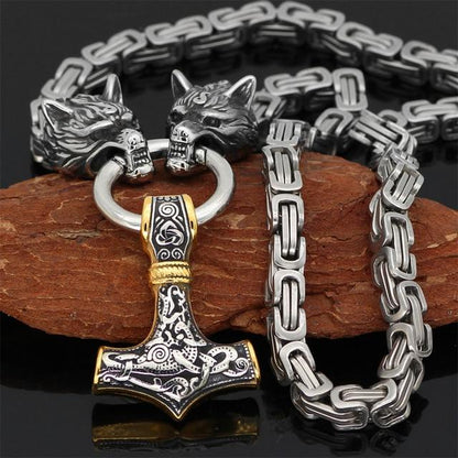 Roestvrij Stalen Schakelketting met Dubbele Wolfskop & Hamer Ornament 60-90cm Verstelbaar Unisex Sieraad