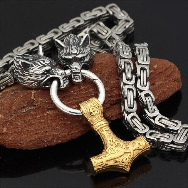 Roestvrij Stalen Schakelketting met Dubbele Wolfskop & Hamer Ornament 60-90cm Verstelbaar Unisex Sieraad
