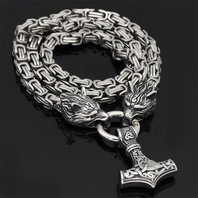 Roestvrij Stalen Schakelketting met Dubbele Wolfskop & Hamer Ornament 60-90cm Verstelbaar Unisex Sieraad