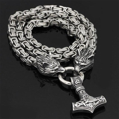 Roestvrij Stalen Schakelketting met Dubbele Wolfskop & Hamer Ornament 60-90cm Verstelbaar Unisex Sieraad