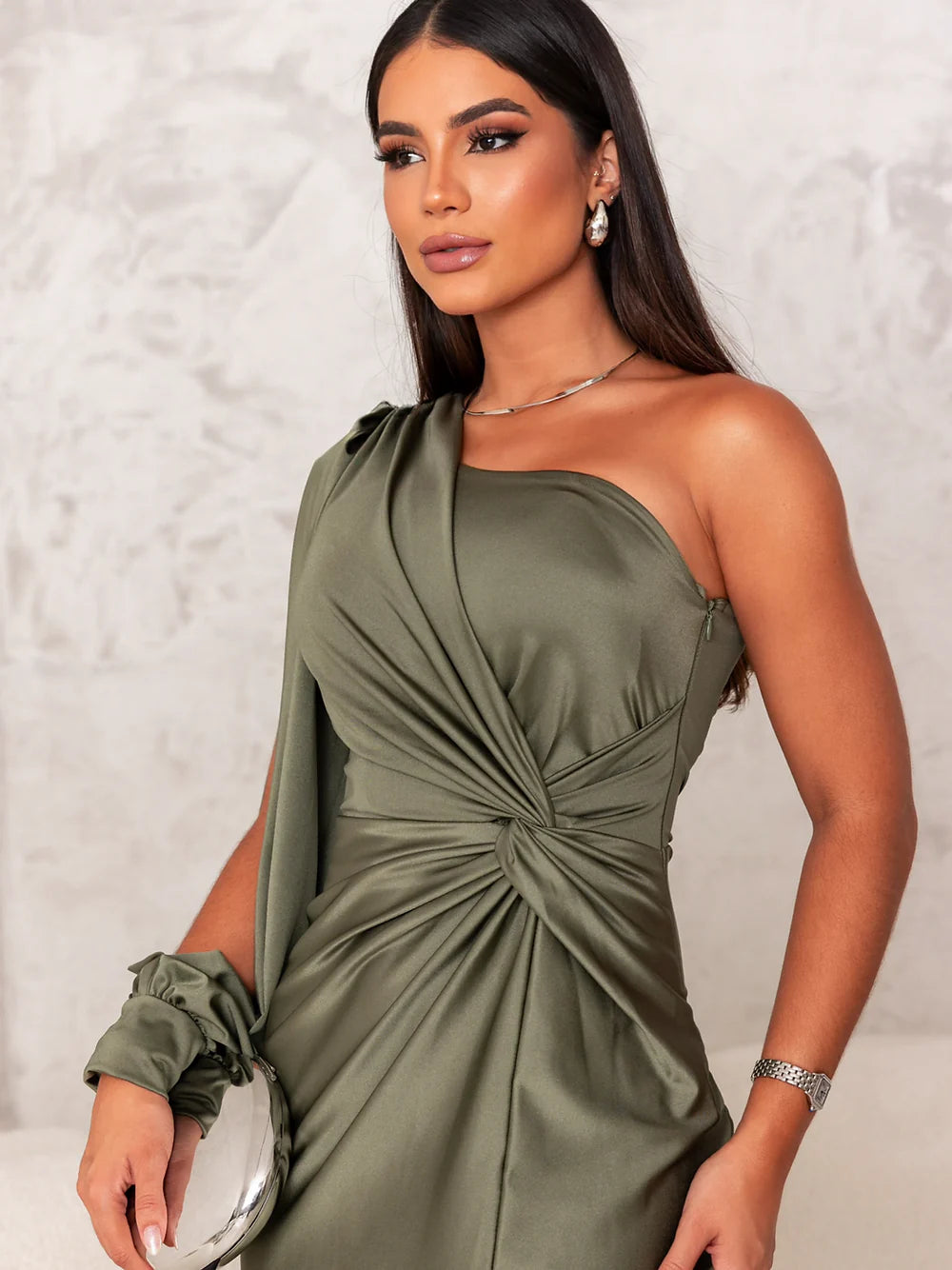 Elegante Avondjurk Satijn Roze Split Jurk Gala