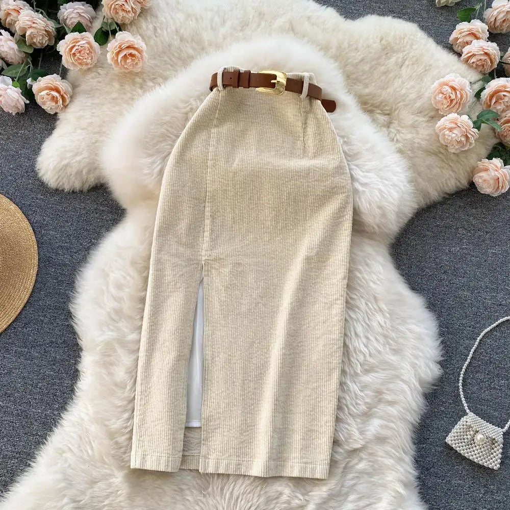 Hoge Taille Corduroy Rok Zwart met Zijsplit - StudioMarella