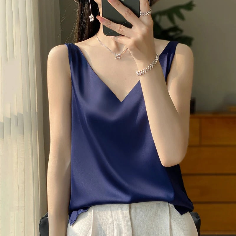 Vrouwelijke Satijnzijde Top Zonder Mouwen Elegante Stijl - StudioMarella