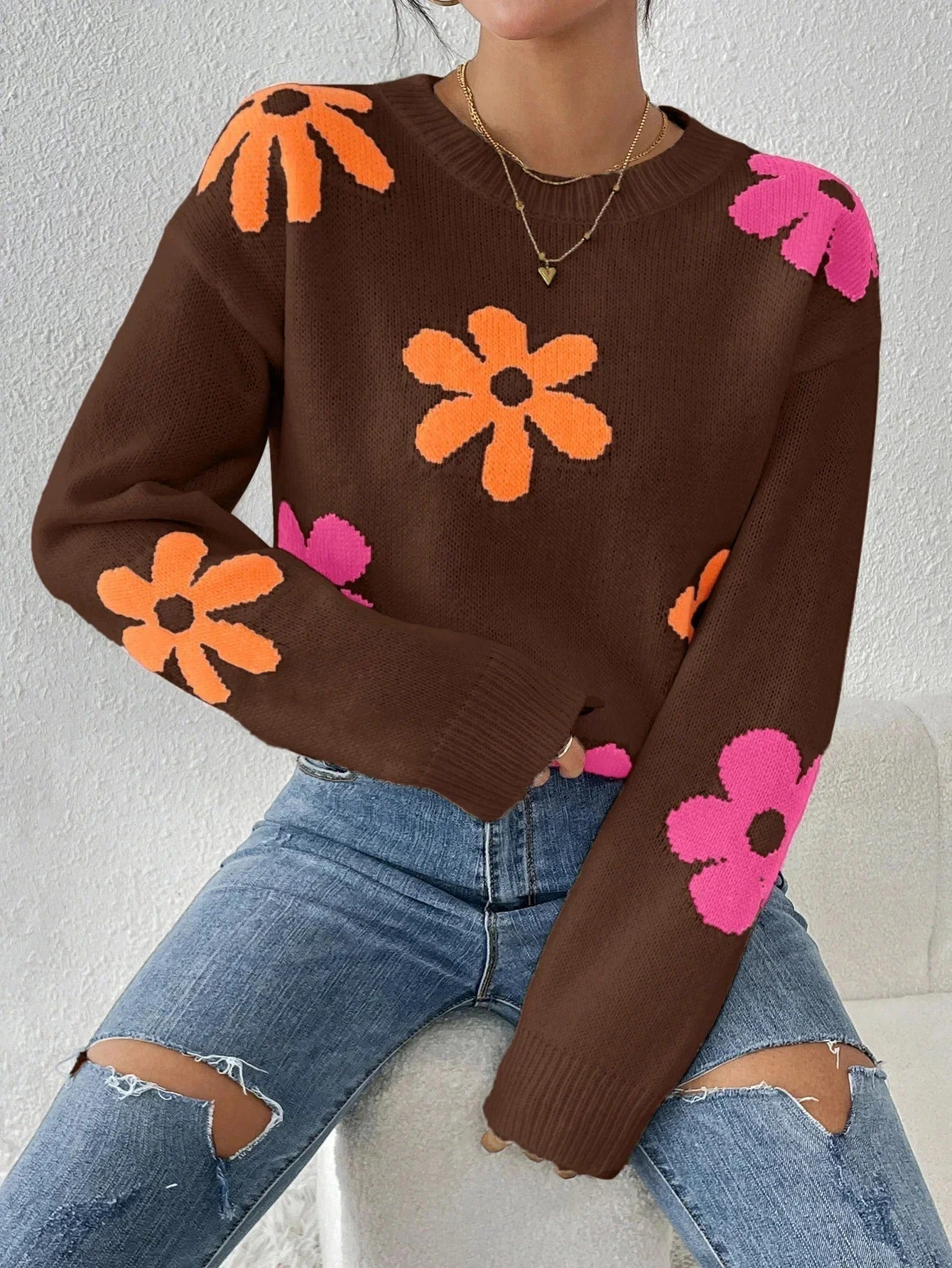 Dames Trui Gebreid met Bloemen Motief