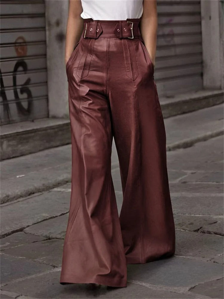Leren Broek Wijd Model Hoge Taille Geplooid