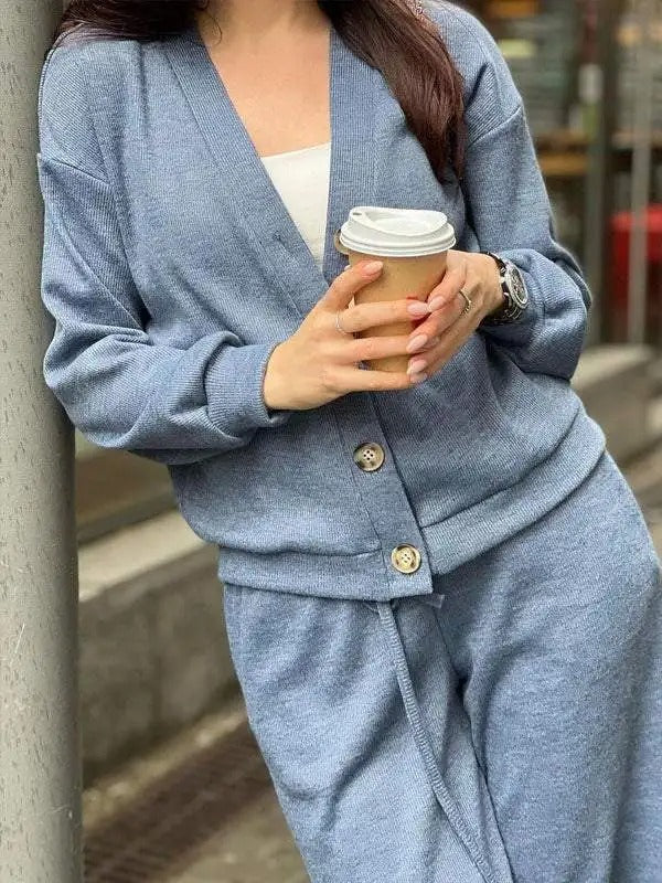Dames Gebreide Jas en Broek Set met Knopen Tweedelig