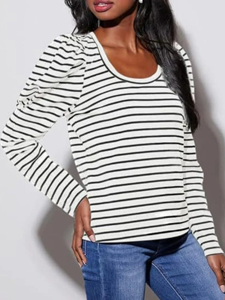 Dames Blouse Pofmouw Gestreept Klassieke Stijl - StudioMarella