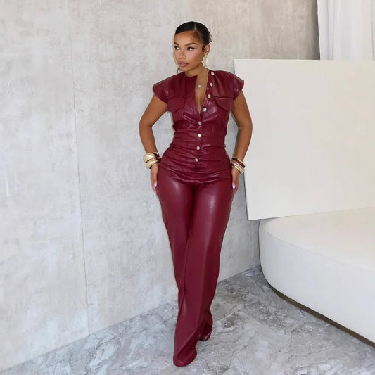 Mouwloze Jumpsuit van Imitatieleer Jurk voor Vrouw - StudioMarella